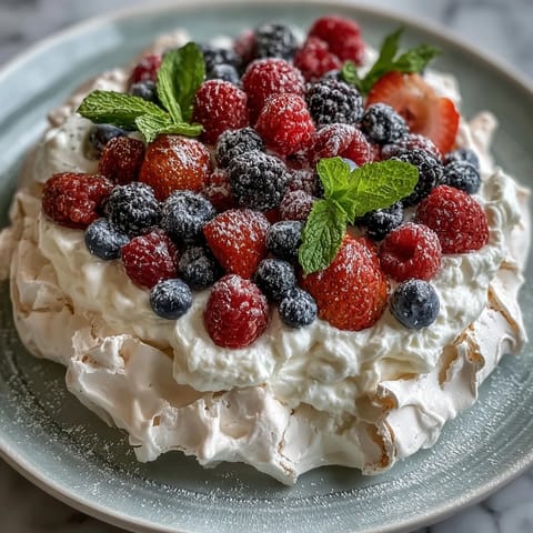 2. Celebrate Mothers Day with this stunning pavlova featuring a delicate, marshmallow-like center beneath a golden, crisp meringue crust, crowned with vibrant seasonal berries.  