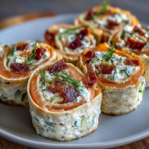 Close-up of smoked salmon pinwheels with creamy dill spread, cucumber, and delicate salmon slices rolled in flour tortillas