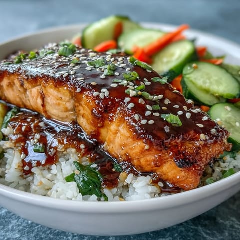 A colorful teriyaki salmon bowl with glazed fillets, jasmine rice, and crisp vegetables, perfect for a quick dinner.