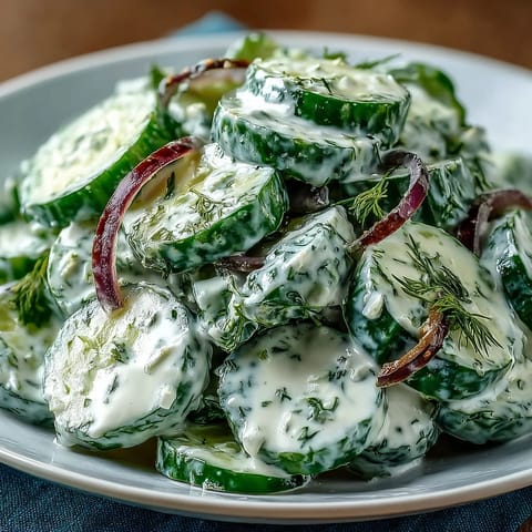 Creamy Cucumber Dill Salad with crisp cucumbers in a tangy sour cream dill dressing, perfect for summer picnics or barbecues.