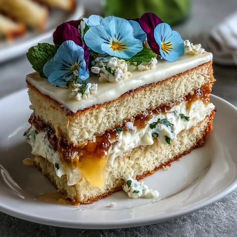 Delicate spring cake layered with tangy lemon curd and adorned with pressed edible flowers for a seasonal dessert.