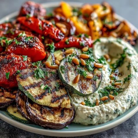 Colorful grilled vegetable platter with creamy hummus, featuring zucchini, bell peppers, and eggplant for a healthy summer meal.  