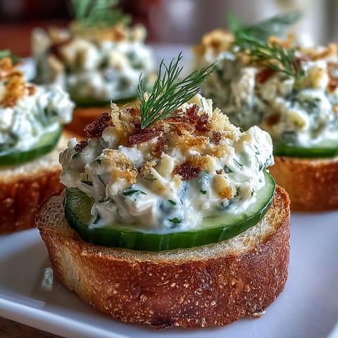 Classic Kentucky Benedictine cucumber canapés served on toasted baguette rounds for Derby parties.  