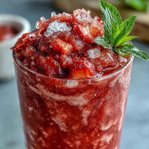 Refreshing frozen strawberry lemonade slushie made with three simple ingredients and served in chilled glasses.