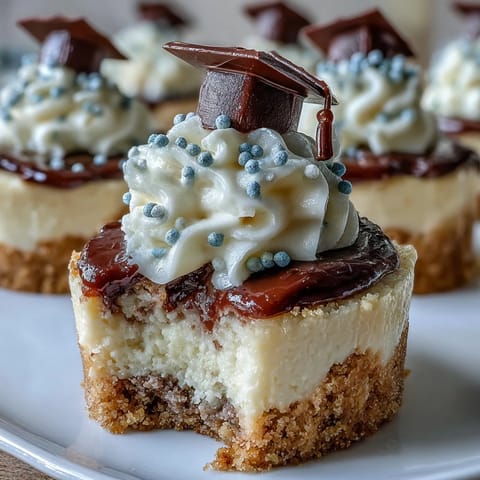 Bite-sized creamy cheesecake on buttery graham crust, topped with whipped cream and festive sprinkles for a graduation party treat.