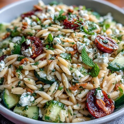Fresh Mediterranean orzo salad with cucumber, feta, and lemon dressing, bursting with vibrant flavors.  