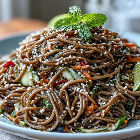 Cold soba noodle salad with sesame ginger dressing, vibrant and refreshing with crisp vegetables and tangy flavor.  