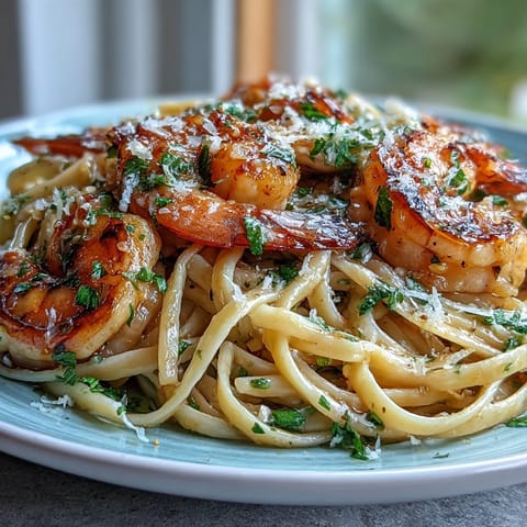 Delectable Shrimp Scampi Linguine with zesty lemon and parsley, ready to eat.