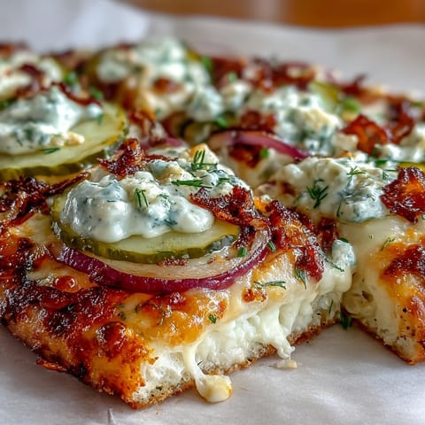 Crispy Pickle Pizza Flatbread with bright pickles and creamy garlic ranch.