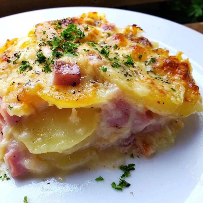 Savory Scalloped Potatoes with Ham, served from a baking dish, a perfect family meal, rich and tender.