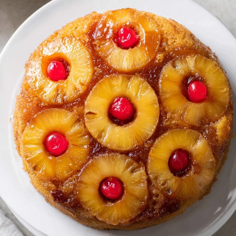 Warm slice of Pineapple Upside-Down Cake, showcasing the caramelized pineapple and bright red cherries.