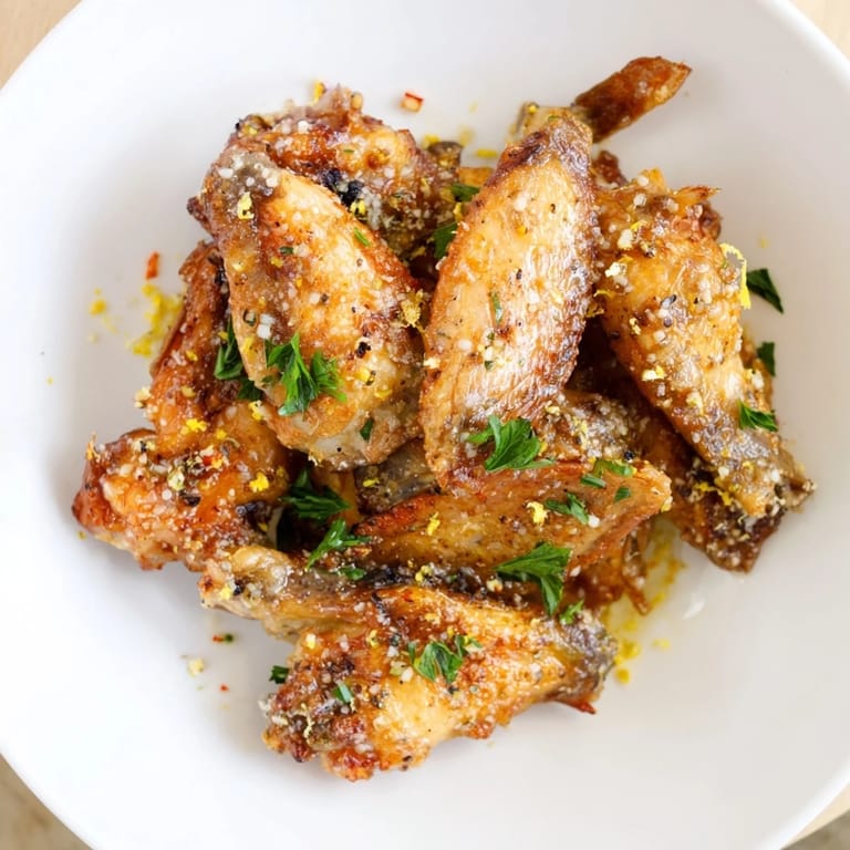Close-up of freshly baked Lemon Pepper Wings, showcasing the zesty lemon-pepper coating's vibrant flavors.