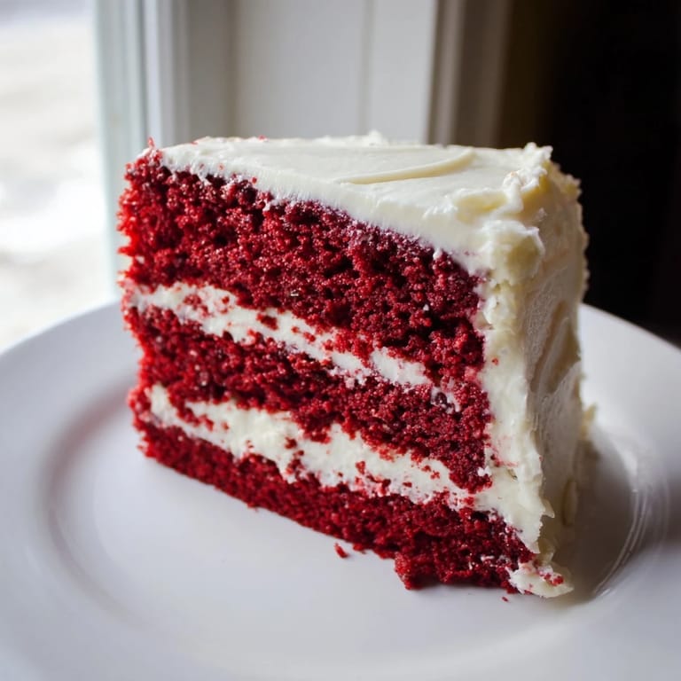 Sliced Red Velvet Cake showing off its velvety crumb and luxurious cream cheese topping.