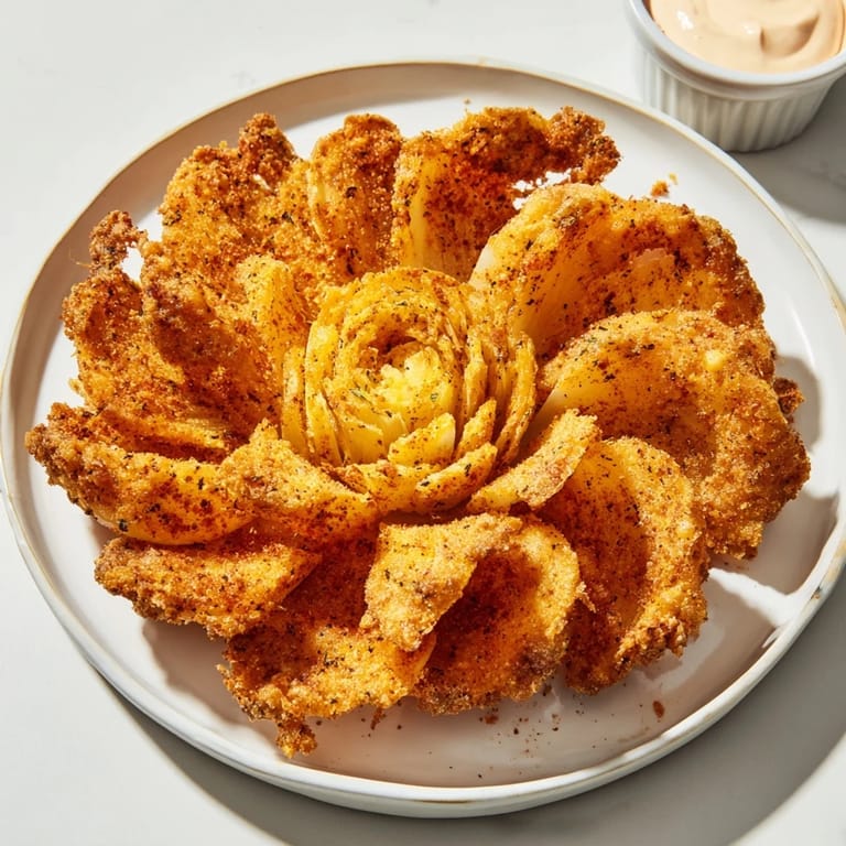Perfectly fried blooming onion, its crispy petals inviting with the creamy, savory dipping sauce.