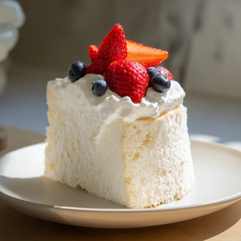Enjoy a piece of homemade Angel Food Cake, a classic American dessert that's subtly sweet.