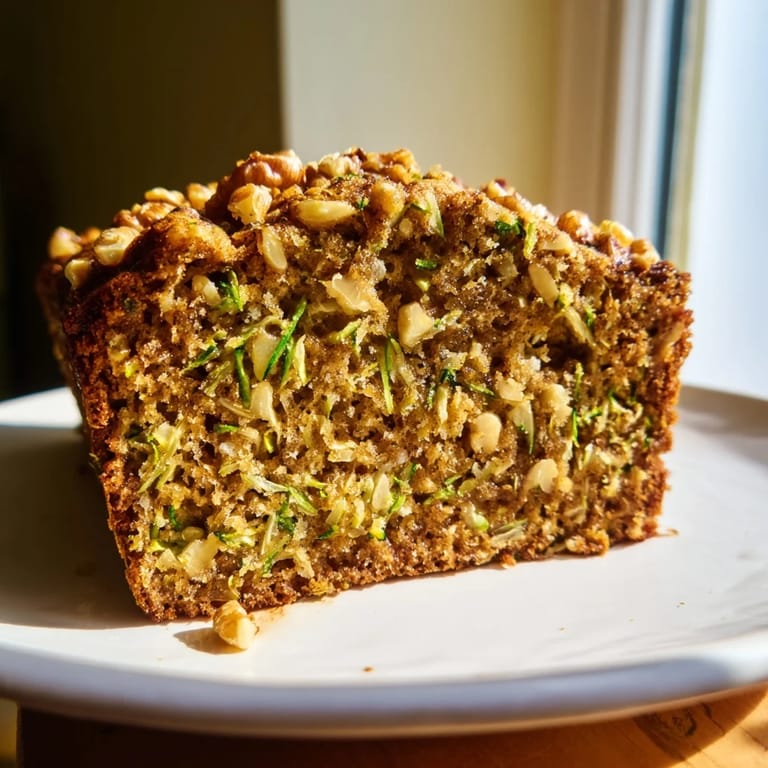 A warm slice of homemade zucchini bread, smelling of cinnamon, perfect for morning coffee.
