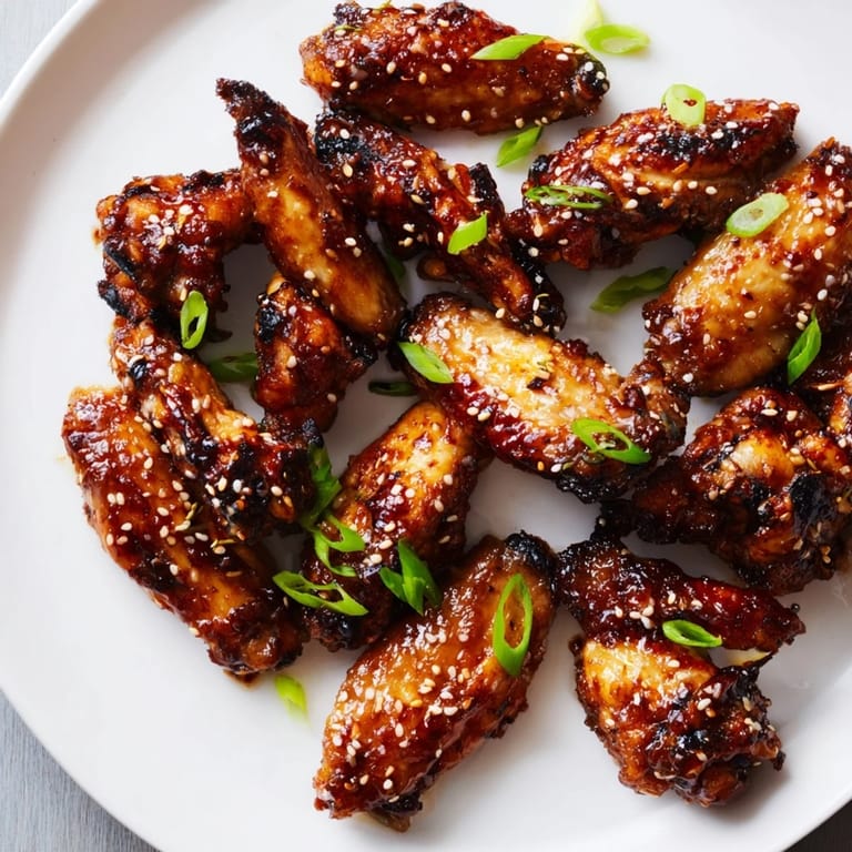 Close-up of baked Asian Sticky Wings, showing glossy, caramelized skin and sprinkled sesame seeds for flavor.