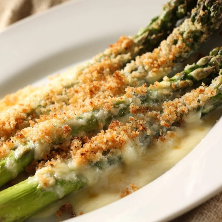 Creamy Asparagus Casserole, featuring tender asparagus and a rich Gruyère cheese sauce, ready to serve warm.