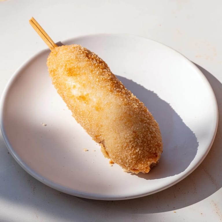 A close-up of a corn dog, showcasing the perfectly fried, textured cornmeal coating.