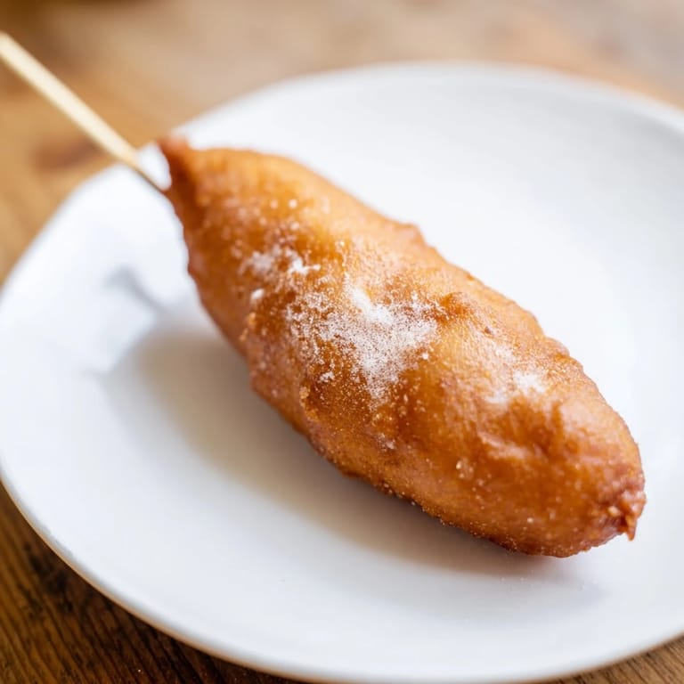 Warm, delicious corn dogs on a stick, served at a summer fair with classic condiments.