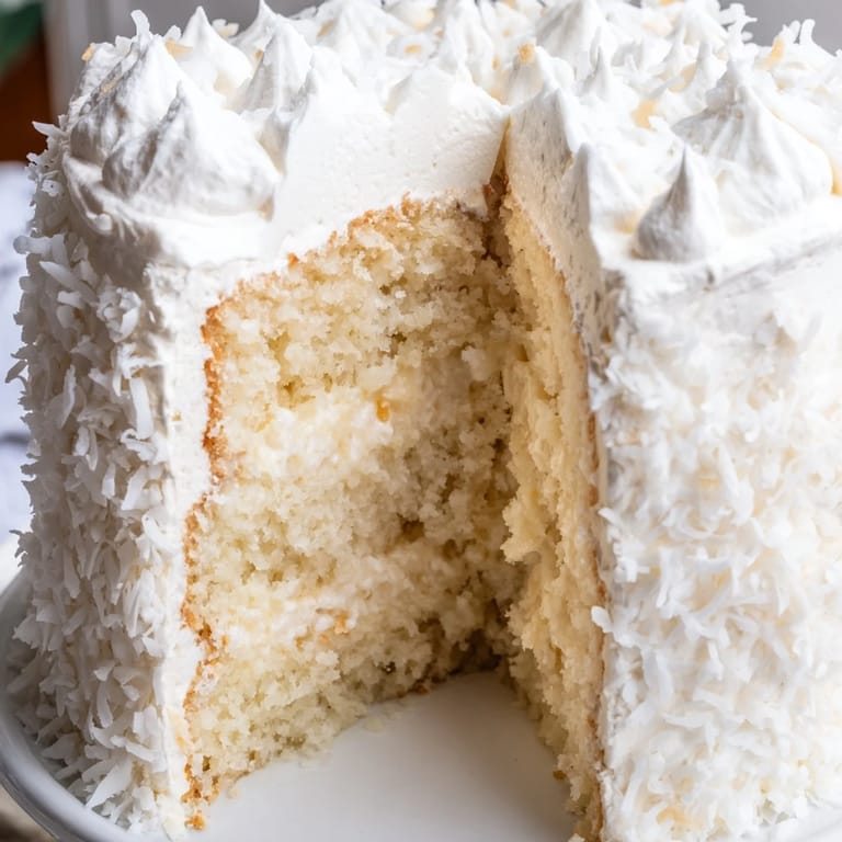 Close-up photo of a frosted Coconut Cake, ready to be sliced for a sweet treat.