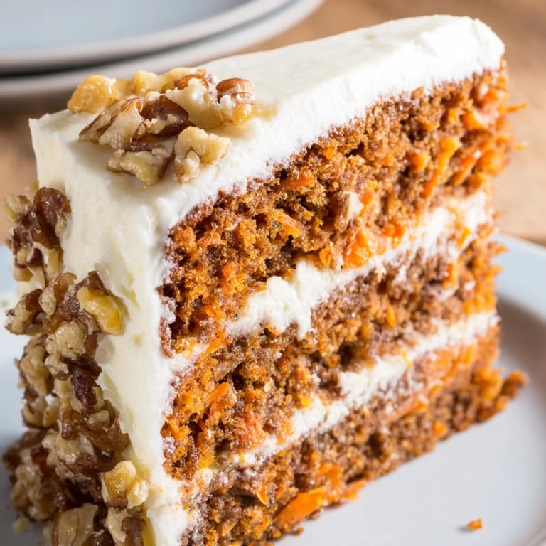 A beautifully frosted Carrot Cake, garnished with nuts, perfect for sharing at a celebration.