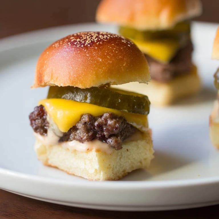 Perfectly cooked sliders – mini hamburgers, served with pickle slices and a creamy special sauce.