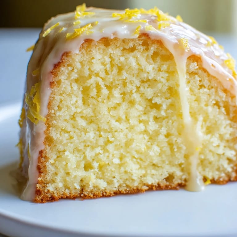 A beautifully frosted and sliced Lemon Pound Cake, offering a burst of citrus flavor with every bite.