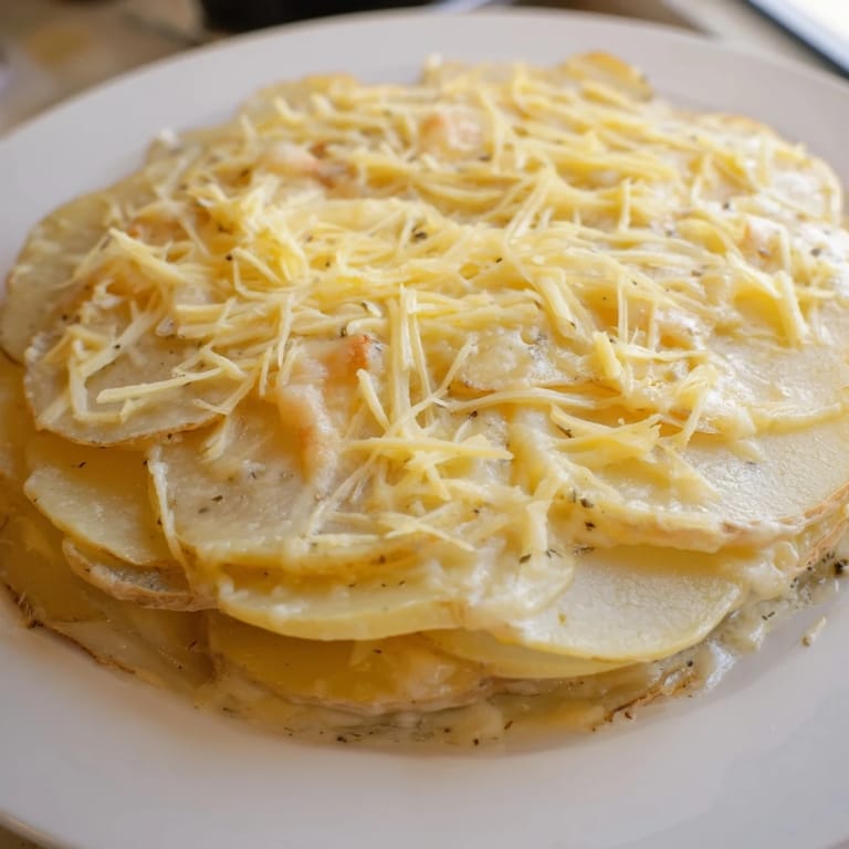 Bubbling hot Au Gratin Potatoes, with melted Gruyère, are a perfect holiday side, ready to eat.