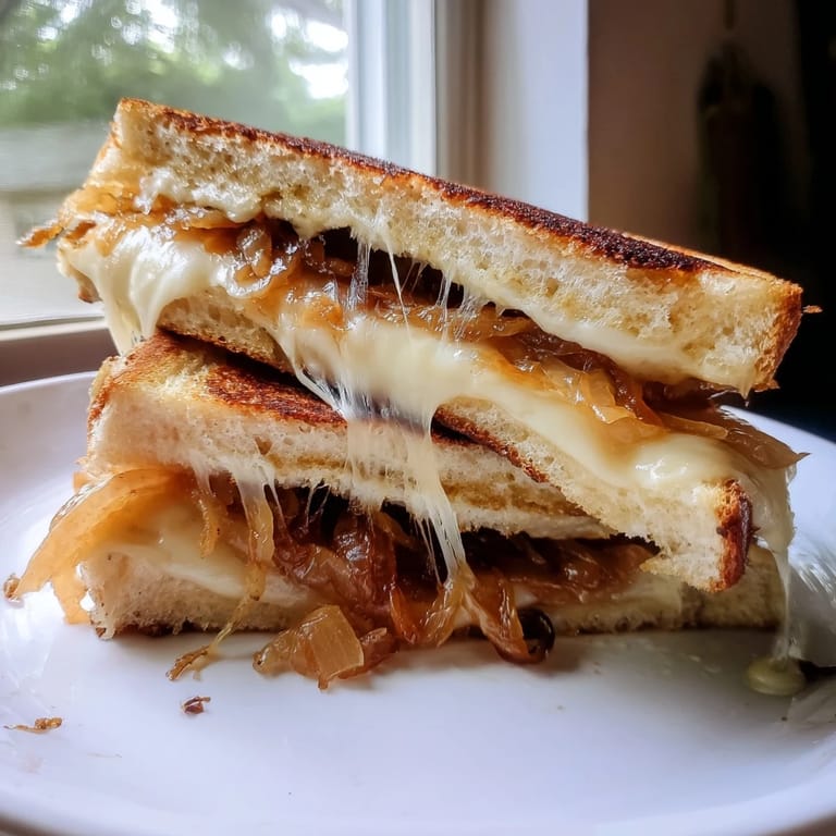 Hearty caramelized onion grilled cheese sandwich, sliced to reveal layers of soft onions and gooey, rich cheddar.
