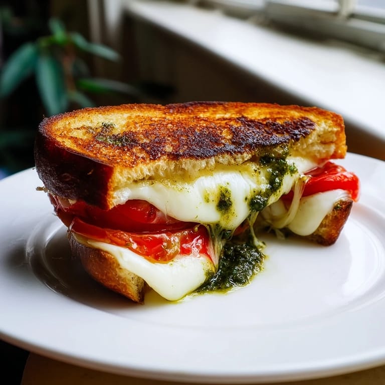 Caprese Pesto Grilled Cheese cut on a diagonal, steam rising from the toasted sourdough and oozing fresh mozzarella.