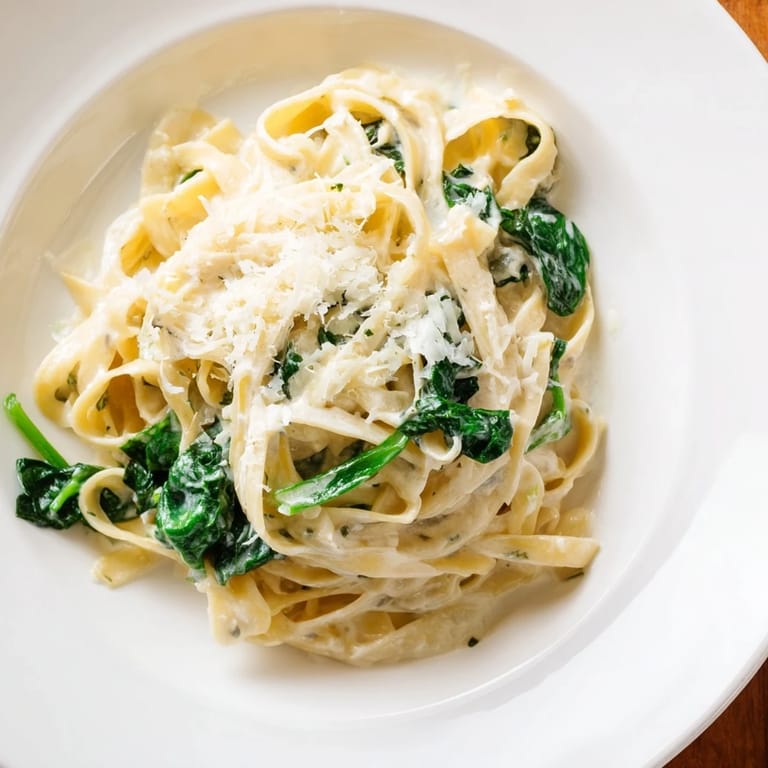 A close-up shows Creamy Garlic Spinach Pasta tossed with garlic, Parmesan, and fresh herbs on a rustic plate.
