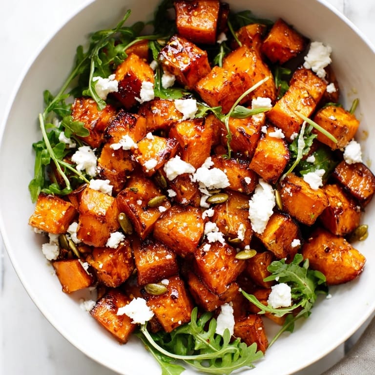 Savory roasted sweet potato salad with sweet potatoes, greens, and pumpkin seeds, ready to serve.