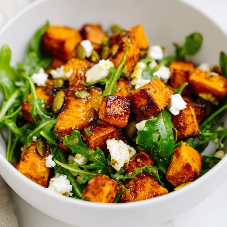 Vibrant roasted sweet potato salad tossed in honey-lime dressing, topped with feta and red onion.