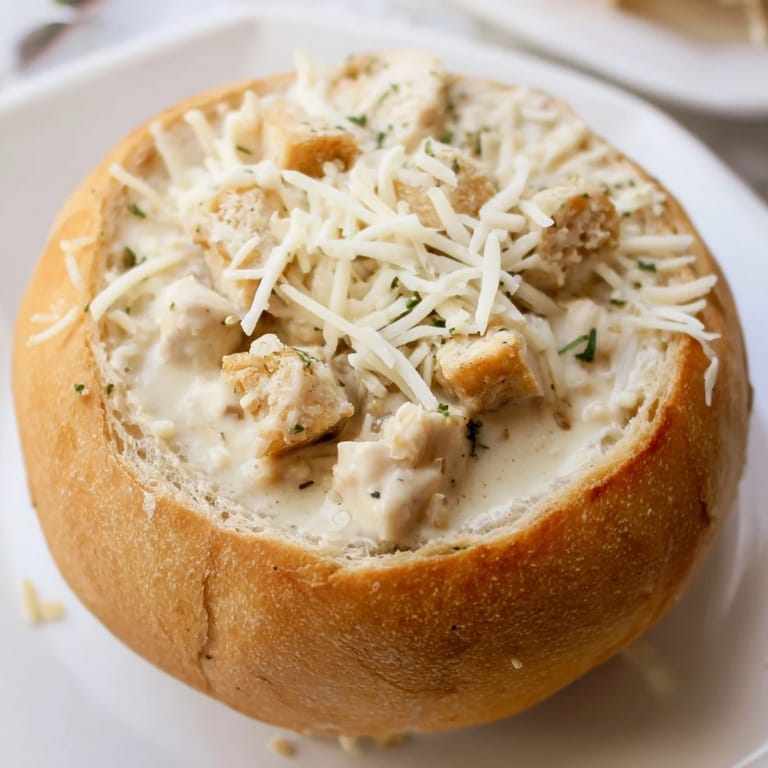 Hearty Chicken Alfredo Bread Bowl served hot and bubbling, ready to be enjoyed.