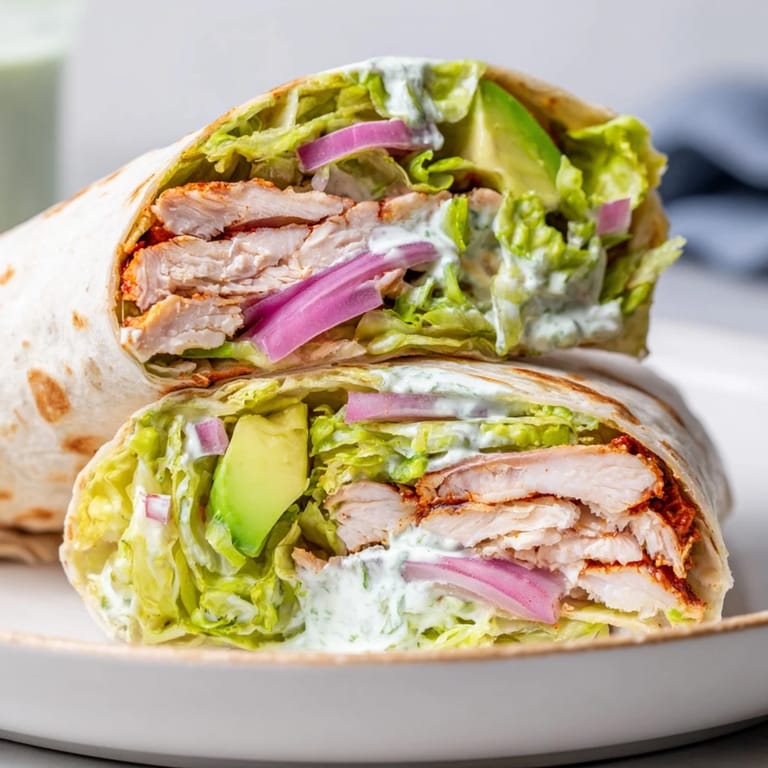 Two halves of a Smoky Chipotle Chicken Wrap reveal smoky chicken, bright avocado, and fresh toppings on a warm flour tortilla.