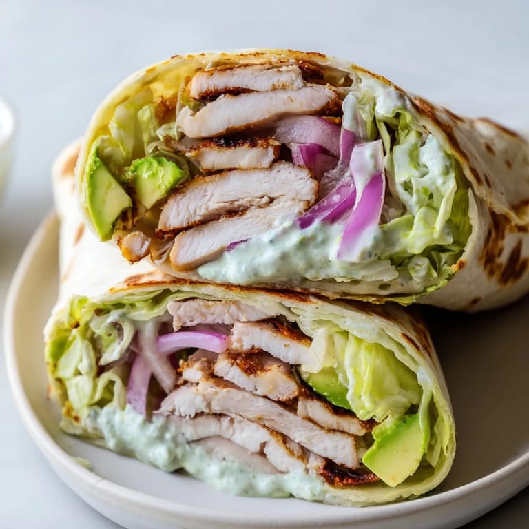 A close-up of a Smoky Chipotle Chicken Wrap shows sliced chicken, shredded lettuce, red onion, and a drizzle of creamy sauce.