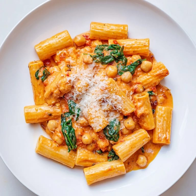 A skillet of Creamy Tuscan Chickpea Pasta featuring al dente pasta coated in rich tomato cream sauce with wilted spinach.