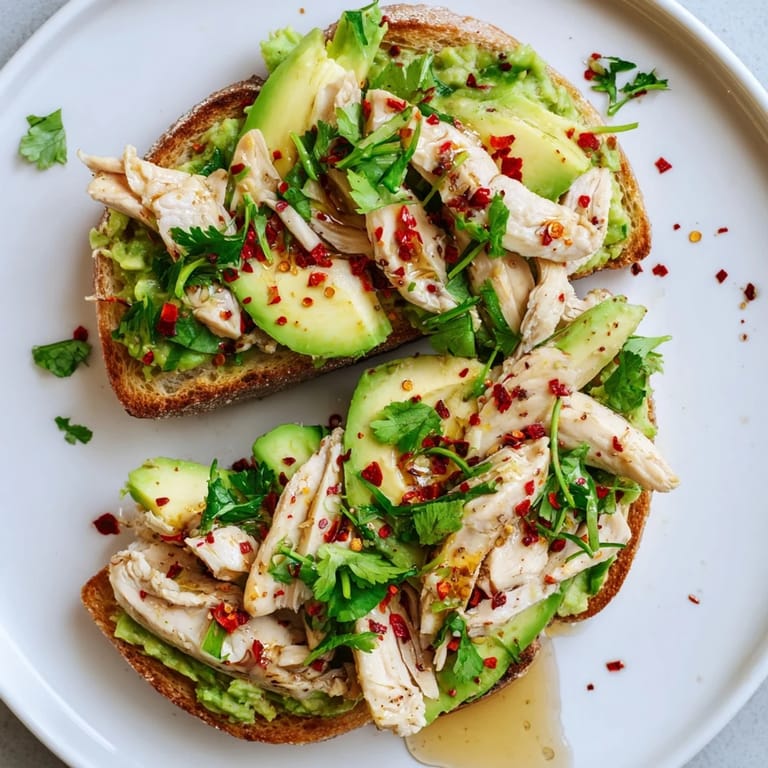 A rustic plate showcasing juicy grilled chicken on avocado toast, finished with a honey drizzle and chili flakes for a savory-sweet kick.