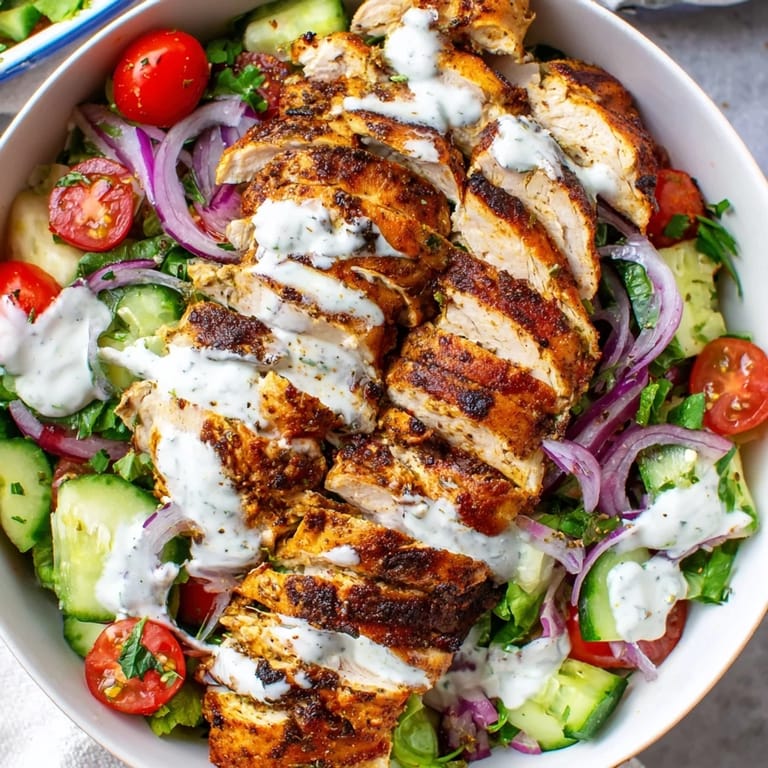 This fresh Chicken Shawarma Salad Bowl features tender, warm chicken, crunchy greens, and red onion slices, served as a satisfying gluten-free lunch.