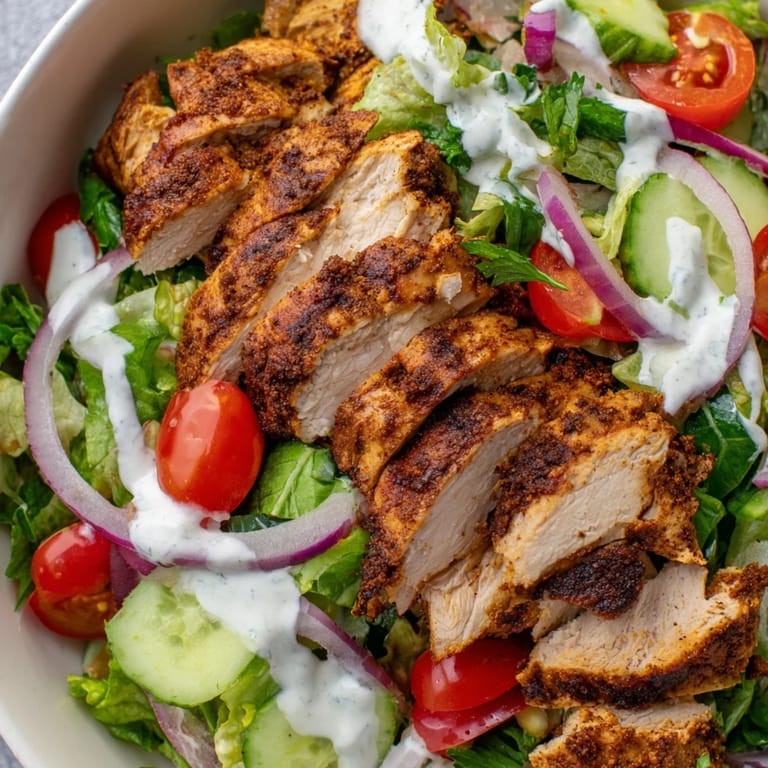 A colorful, healthy Chicken Shawarma Salad Bowl with golden-brown chicken, diced cucumber, and halved cherry tomatoes drizzled in creamy garlic sauce.  