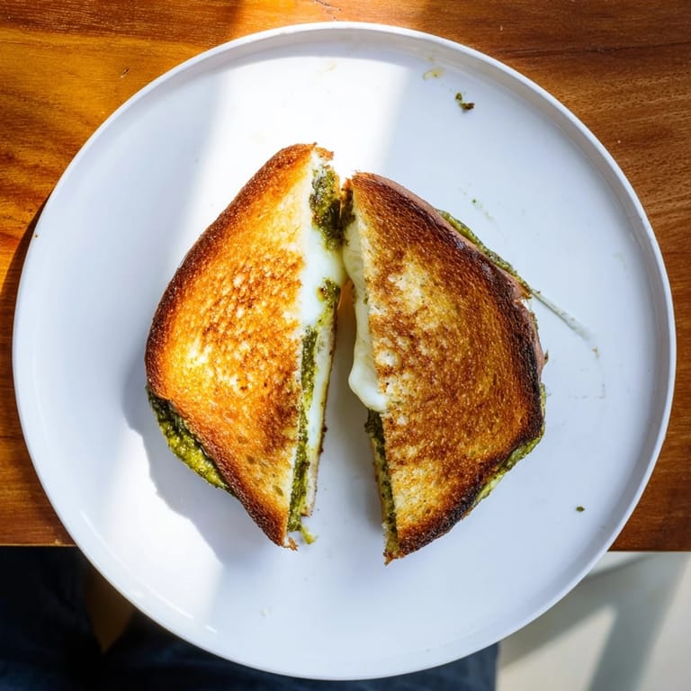 Sourdough pesto grilled cheese sandwich halves stacked on a plate, ready to serve with tomato soup.