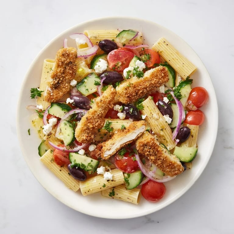 Crispy Chicken Greek Pasta features perfectly fried chicken pieces, al dente fusilli, and vibrant Mediterranean vegetables drizzled with a tangy red wine vinaigrette.  