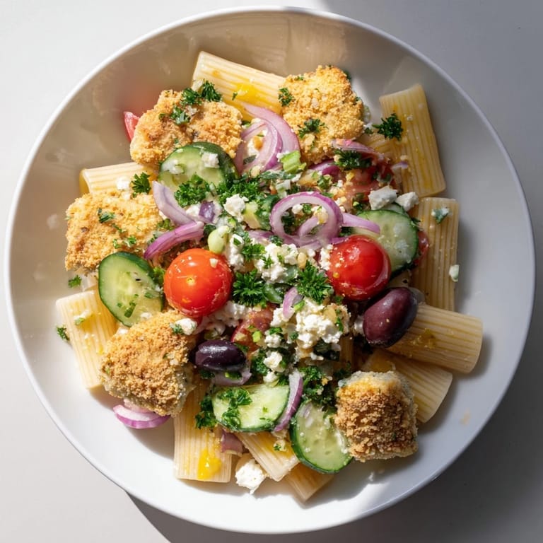 Hearty Crispy Chicken Greek Pasta combines crunchy Parmesan-coated chicken, savory short pasta, and a colorful mix of Greek salad ingredients for a satisfying main dish.
