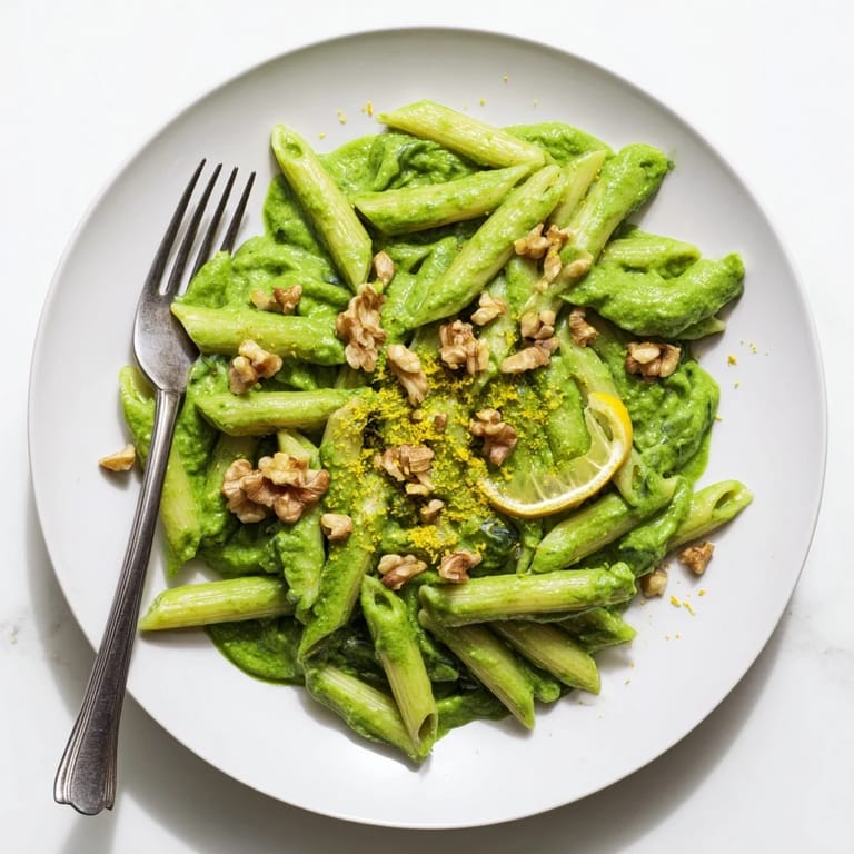 Served warm, Creamy Spinach Walnut Pasta features a luscious, dairy-free sauce and a sprinkle of freshly ground black pepper and lemon zest.