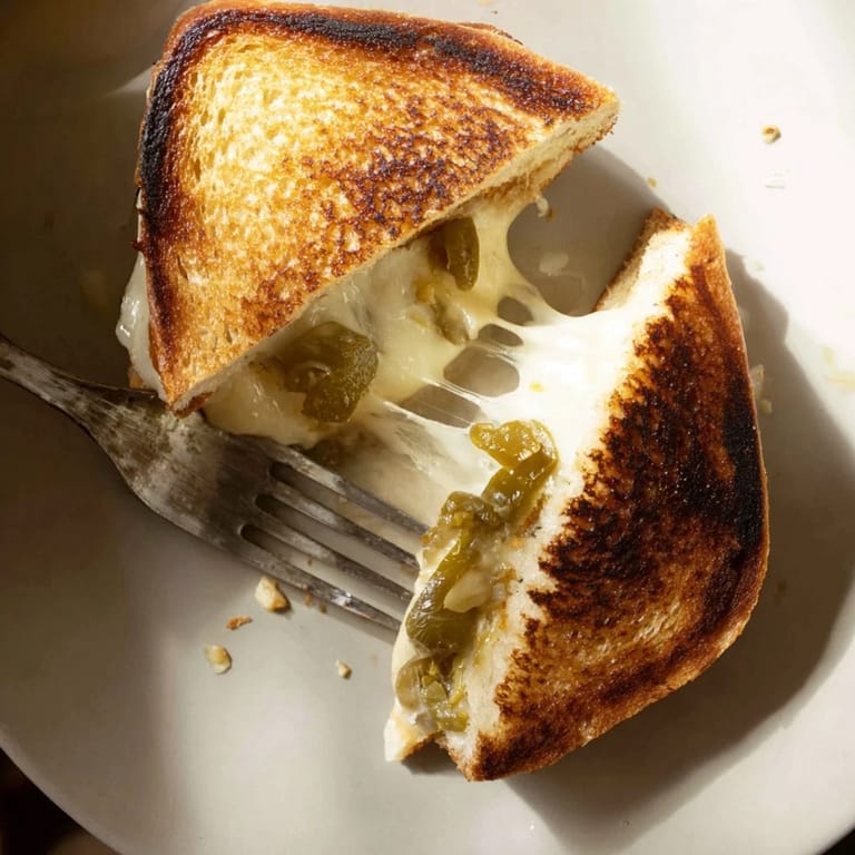 A close-up of jalapeño pepper jack grilled cheese, perfectly crispy and oozing with creamy, spicy cheese filling.  