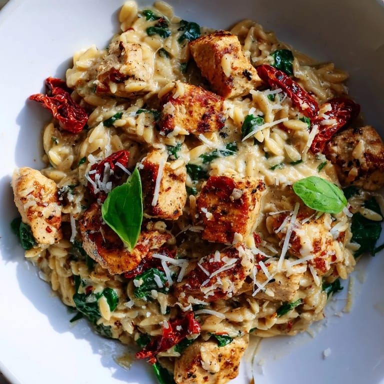 Hearty Tuscan Chicken Orzo served hot in a shallow dish, garnished with fresh basil and Parmesan.
