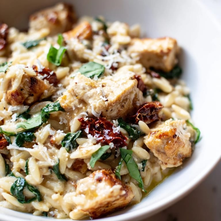 Tuscan Chicken Orzo with tender chicken, vibrant tomatoes, and wilted spinach in a rich, one-pan Italian meal.