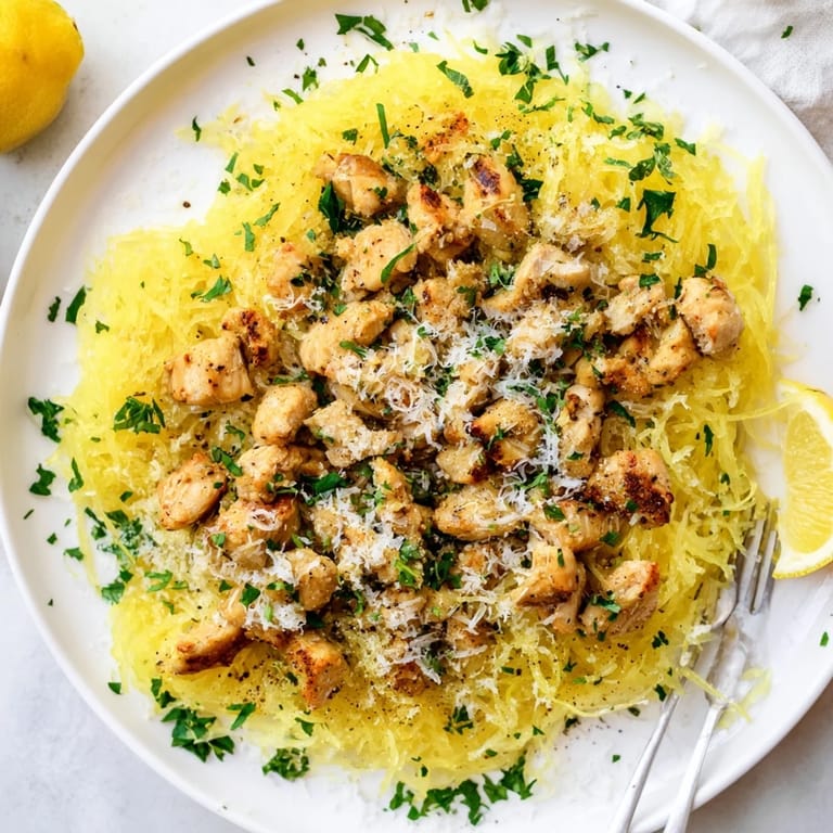 Savory lemon garlic chicken pieces nestled in roasted spaghetti squash strands, served with a bright lemon wedge for extra zest.