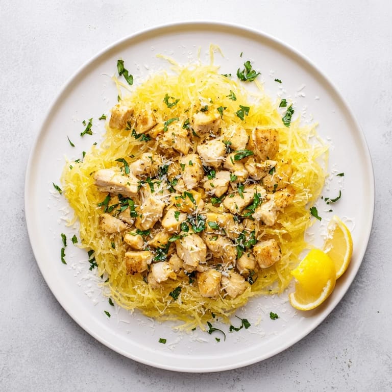 Healthy lemon garlic chicken spaghetti squash with tender squash noodles, bright citrus notes, and a light Parmesan finish.
